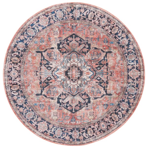 Serapi Rust/Navy 7 ft. x 7 ft. Machine Washable Border Ornate Round Area Rug