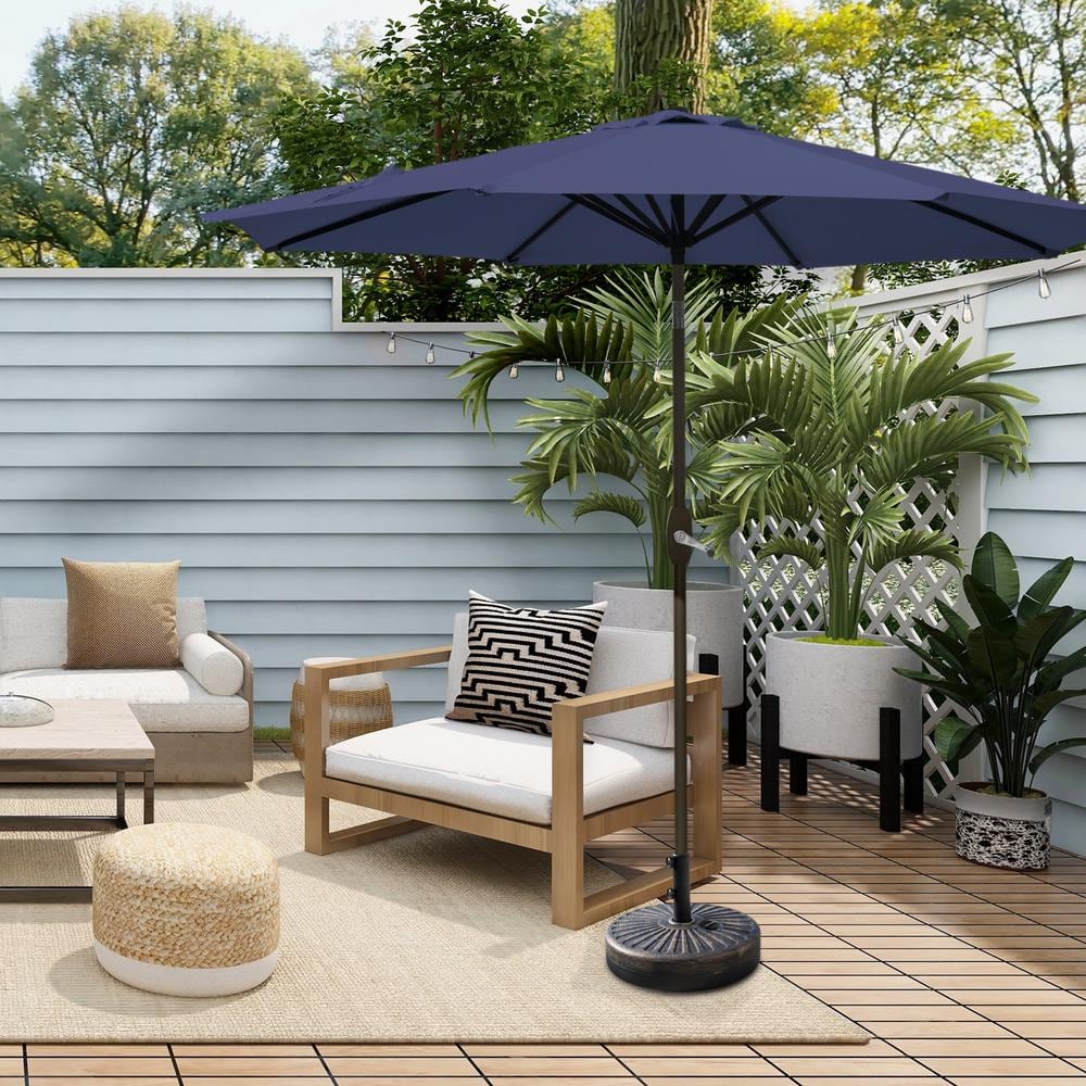 Navy Blue 9 Ft Outdoor Patio Umbrella with Bronze Base