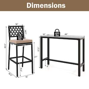 3 Piece Metal Outdoor Serving Bar Chairs & Table Set Patio Dining Table Set with Beige Cushion