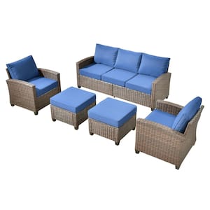 Palermo Brown 5-Piece Relaxing Modern Wicker Modular Outdoor Patio Conversation Sofa Set with Navy Blue Cushions