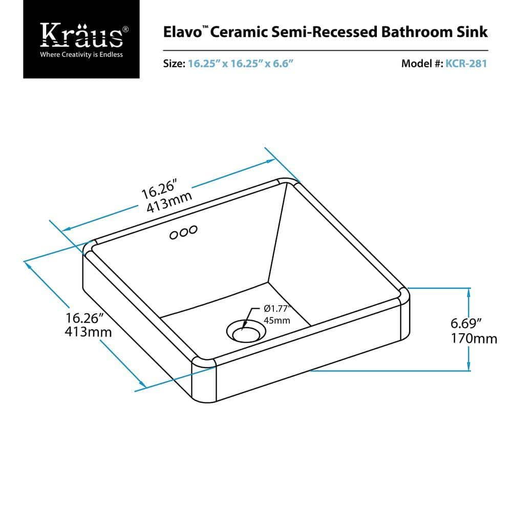 Elavo White Ceramic Square Semi-Recessed Bathroom Sink