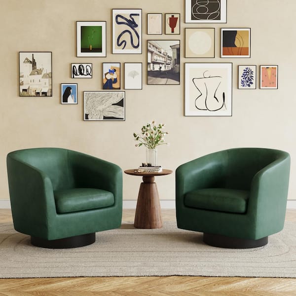 Uixe Green PU Leather Upholstered 360° Swivel Accent Barrel Chair with Wood frame (Set of 2)