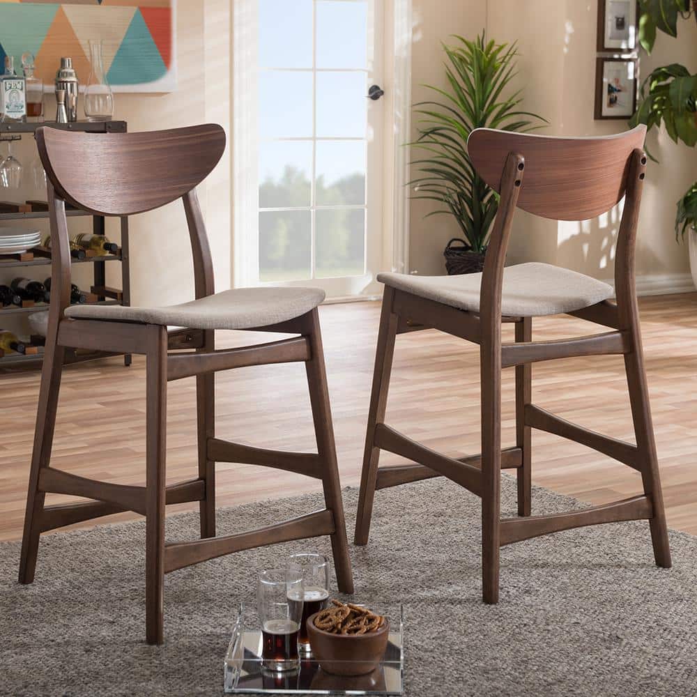 Latina Light Grey Fabric Walnut Wood Counter Stool Set