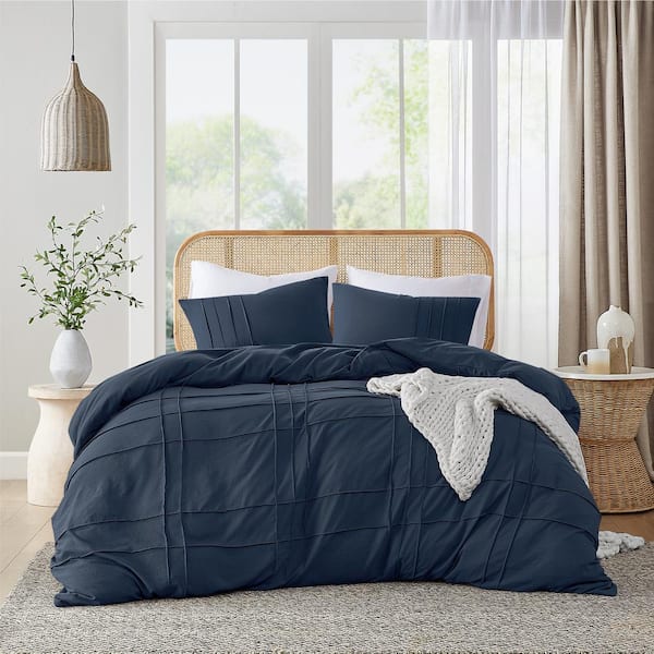 510 Design Porter 3-Piece Navy Microfiber Queen Soft Washed Pleated Duvet Cover Set