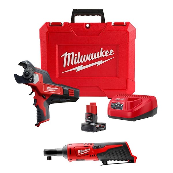Milwaukee M12 12V Lithium-Ion Cordless 600 MCM Cable Cutter Kit with M12 3/8 in. Ratchet (Tool-Only)