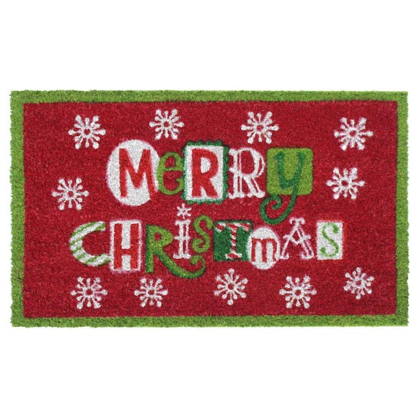 Unbranded Welcome Flakes Merry Christmas Red 18 in. x 30 in. Coir Non-Slip Outdoor Door Mat