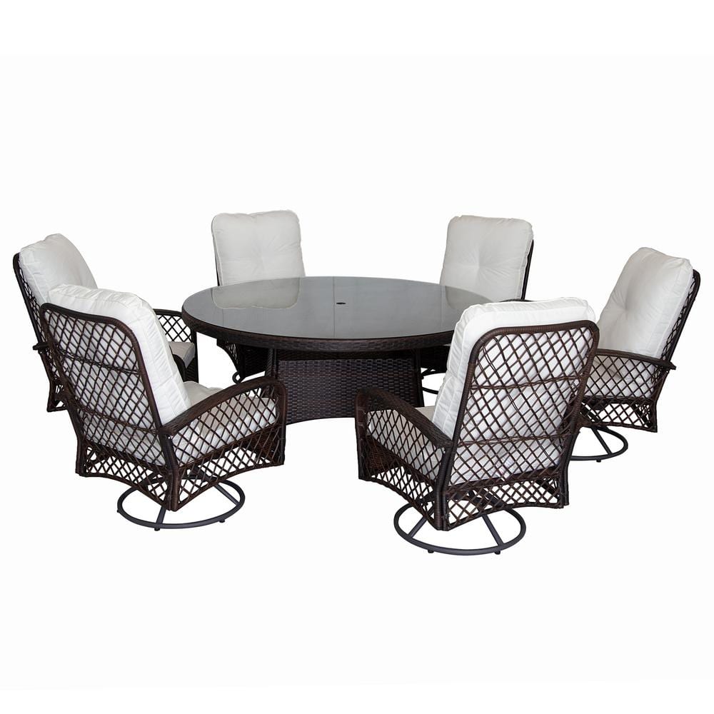 7-Piece Wicker Outdoor Dining Set with White Cushion, 53.1 in. Round Table - 6 Swivel Chair price history on PriceWatchPro