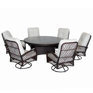 7-Piece Wicker Outdoor Dining Set with White Cushion, 53.1 in. Round Table - 6 Swivel Chair