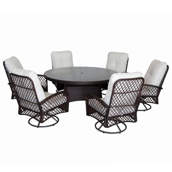 PATIOPTION 7-Piece Wicker Outdoor Dining Set with White Cushion, 53.1 in. Round Table - 6 Swivel Chair
