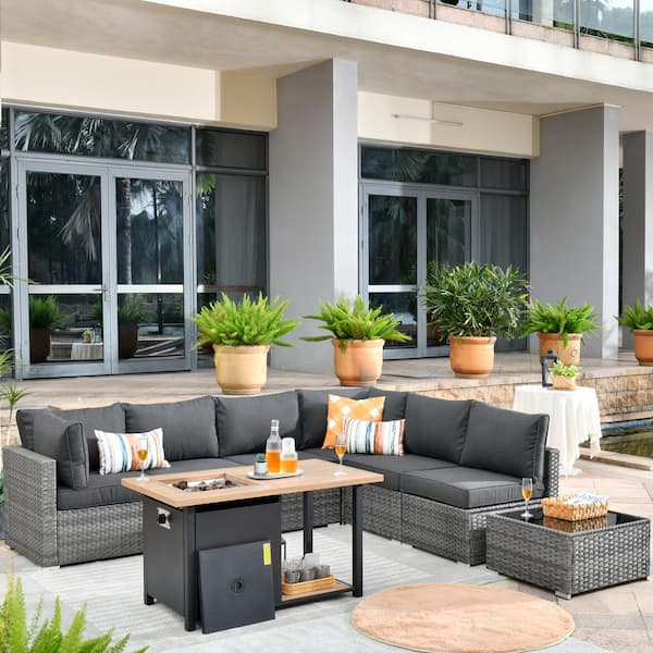 Toject Sanibel Gray 8-Piece Wicker Outdoor Patio Conversation Sofa Seating Set with a Storage Fire Pit and Black Cushions