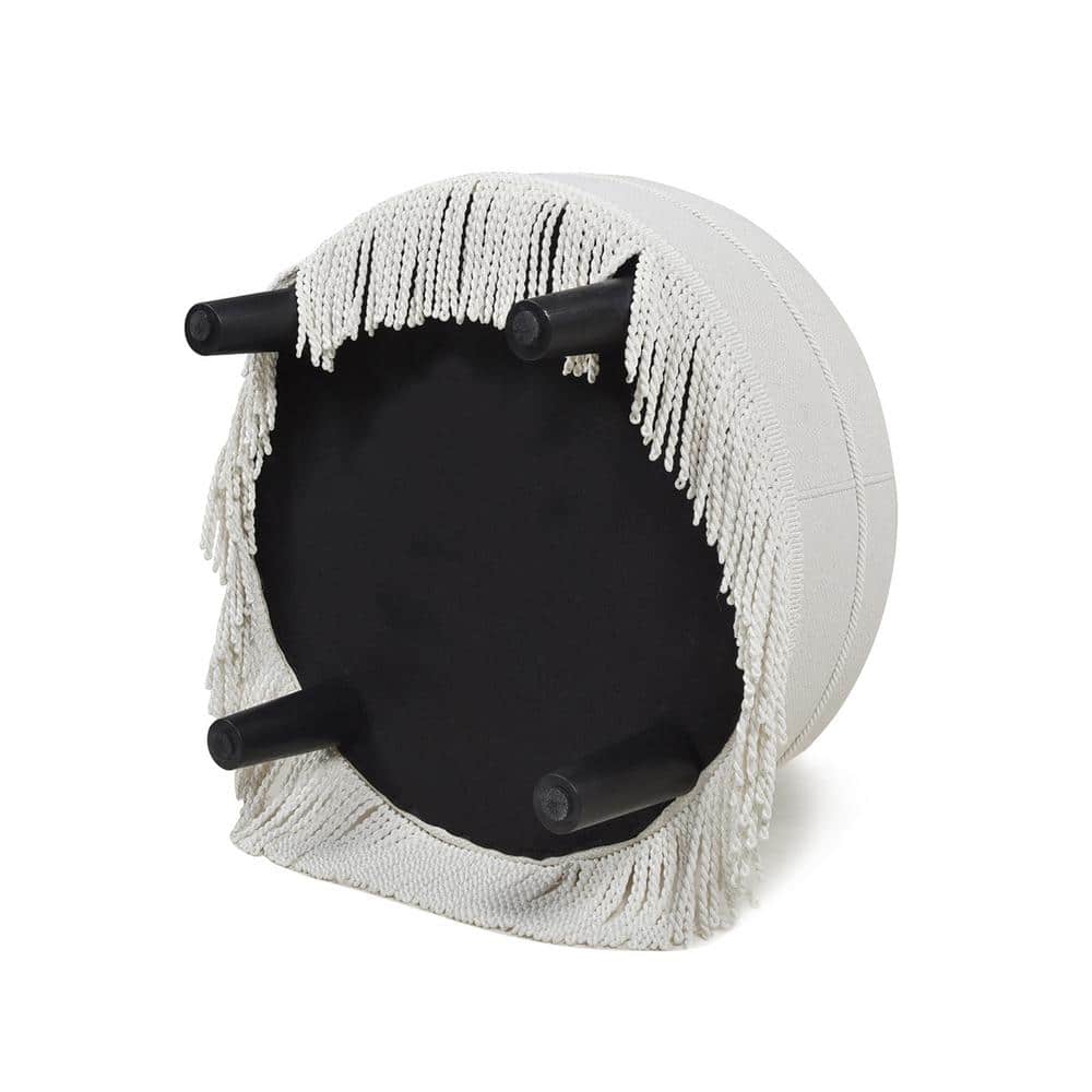 Alabaster Off-White Tufted Round Ottoman with Fringe