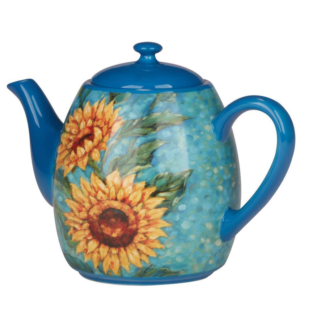 Golden Sunflowers Blue Earthenware Teapot, 36 oz