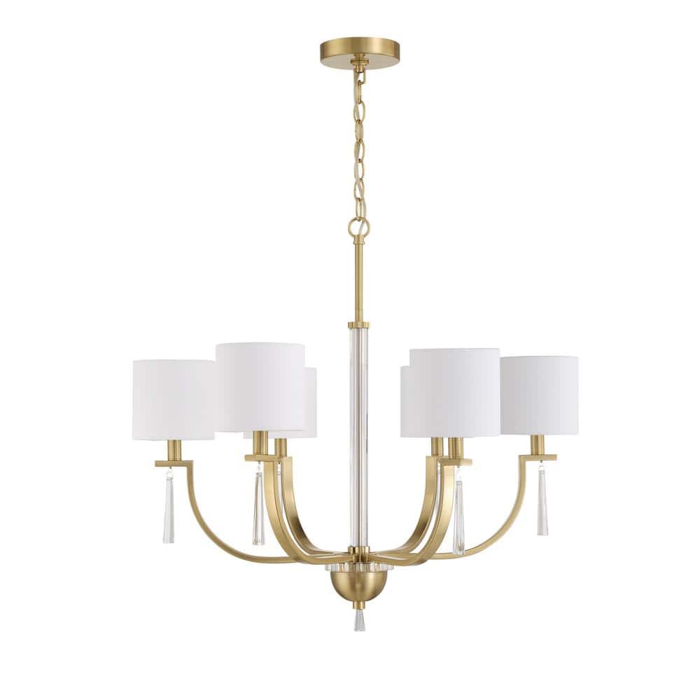 Fortuna Satin Brass 6-Light Chandelier with White Linen Shades