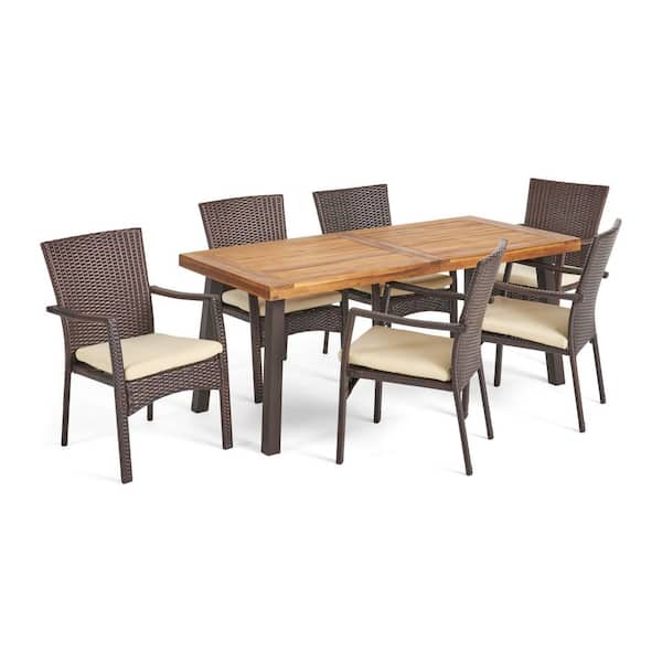 Cordella Natural Stained with Rustic Metal and Brown 7-Piece Wood and Faux Rattan Outdoor Dining Set