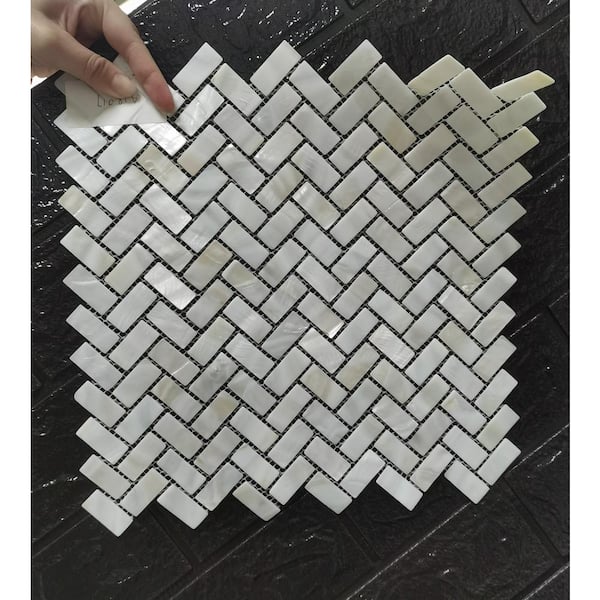 SimplInstall | Mother of Pearl Marble Herringbone Peel and Stick Tile, 11 x 12, White, 4 mm Thick - Floor & Decor