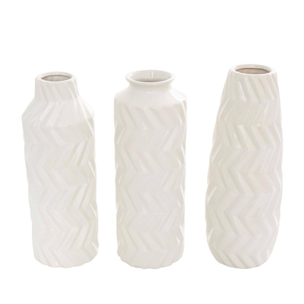 Litton Lane White Dimensional Chevron Textured Ceramic Decorative Vase With Varying Shapes Set