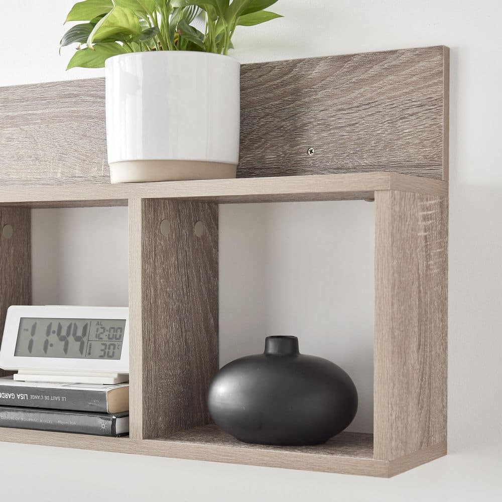 Weathered Oak 3-Cube Floating Wall Shelf with Display Ledge