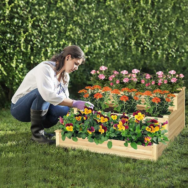 COSTWAY Raised Garden Bed - 91" Wooden Planter Box For Vegetables, Herbs & Flowers