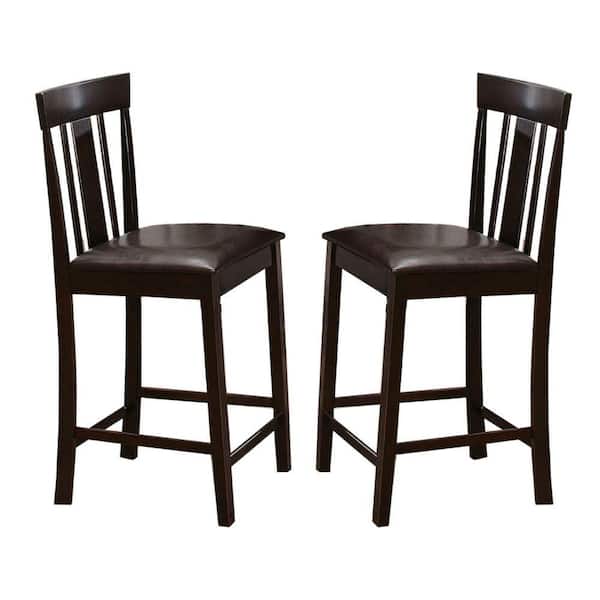Benjara 38.75 in. H Espresso Brown Wood and Leather Counter Height Chair with Slat Back Design (Set of 2)