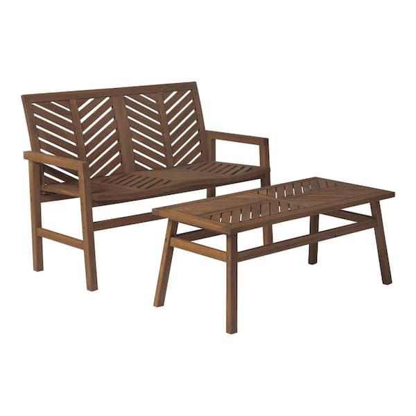 Walker Edison Furniture Company 2-Piece Wood Chevron Outdoor Patio Conversation Set in Dark Brown