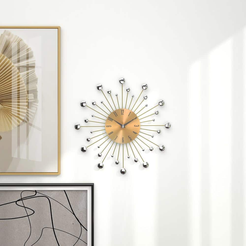 Gold Metal Starburst Wall Clock with Crystal Accents, 15"