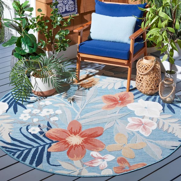 Cabana Aqua/Rust 4 ft. x 4 ft. High-Low Floral Leaf Indoor/Outdoor Round Area Rug