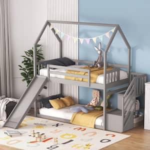 Twin Over Twin House Bunk Bed with Convertible Slide, Wood Bunk Bed Frame with Stairs and Roof for Kids, Teens, Gray