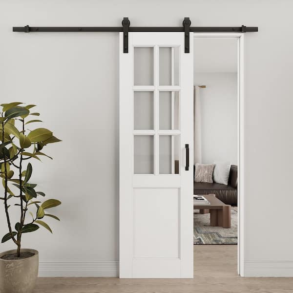 24 in. x 80 in. 6 Lite Tempered Clear Glass White Primed MDF Sliding Barn Door with Hardware Kit