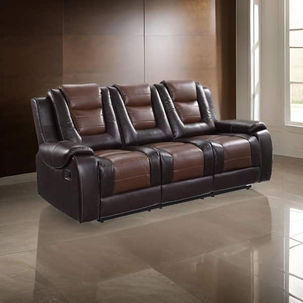 Benjara Istro 85.5 in. Pillow Top Arm Faux Leather Rectangle Manual Recliner Sofa with Drop Down Table in Brown