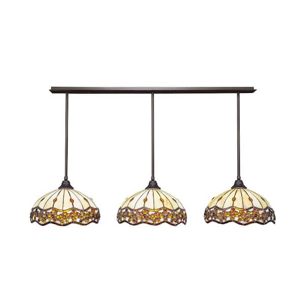 Unbranded Livingston 100-Watt 3 Light Dark Granite Linear Pendant Light with 16 in. Art Glass Glass Shades No Bulbs Included