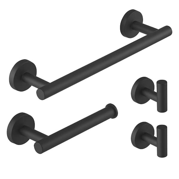 BWE 4-Piece Bath Hardware Set with Towel Hook and Toilet Paper Holder and Towel Bar Wall Mount Accessory Set in Matte Black