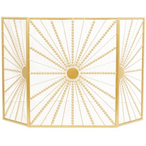 Gold Metal Starburst Foldable 3-Panel Fireplace Screen with Bead Inspired Rays