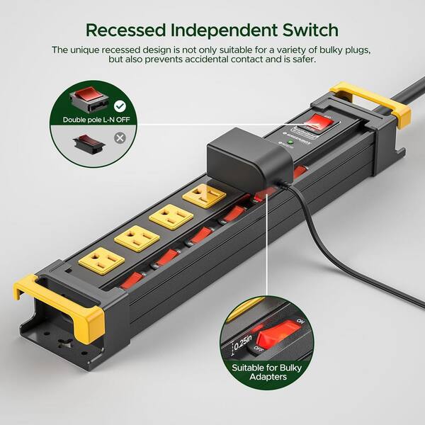 CRST 6-Outlet Surge Protector Power Strip – 6FT Cord, Flat Plugs, Individually Switched, 1200J