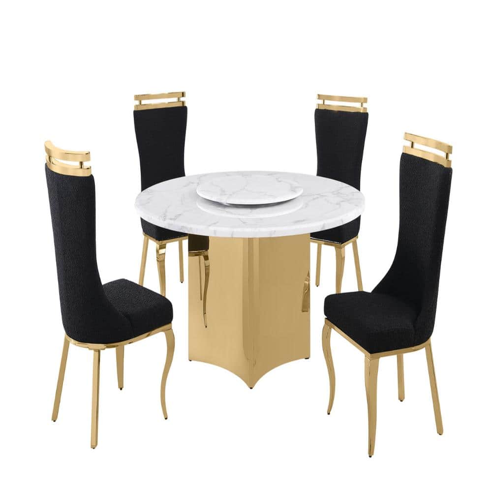 Camryn 5-Piece Round White Marble Top With Lazy Susan Gold Stainless Steel Base Dining Set With 4 Black Chairs price history on PriceWatchPro