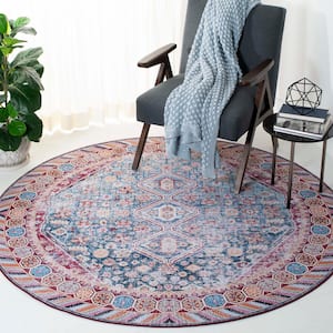 Tucson Blue/Red 6 ft. x 6 ft. Machine Washable Striped Distressed Border Round Area Rug