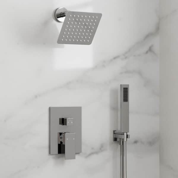 2-Spray Wall Mount Pattern 6 in. Square Shower Head with Single Handle Shower Handheld Faucet 2.5 GPM in Polish Chrome