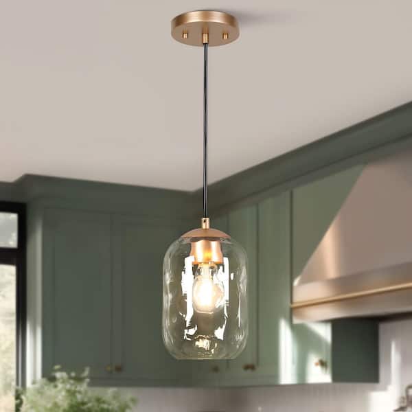 Modern Farmhouse 1-light Dark Gold Pendant Light, Water Glass Shade Hanging Light, Mini Chandelier for Dining Room