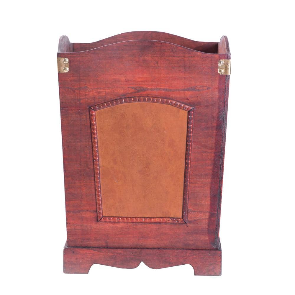 Rustic Cherry Wood and Leather Decorative Trash Bin
