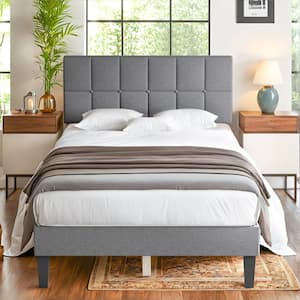 Light Gray Wood Frame Twin Platform Bed with Linen Upholstered Adjustable Headboard and Storage, Noise Free