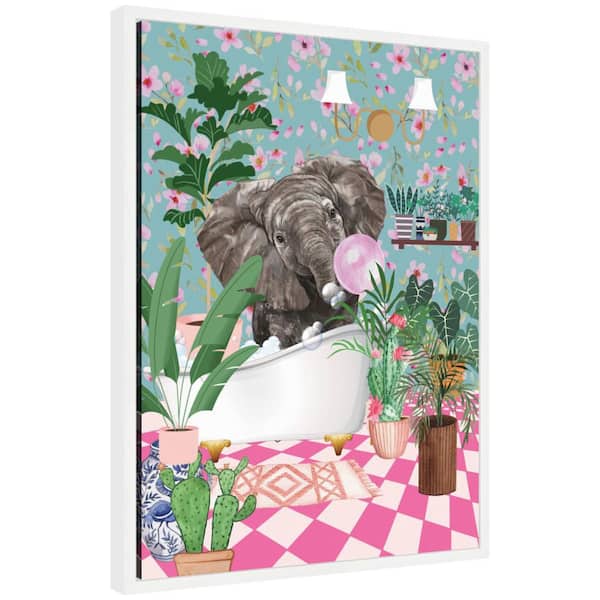 Sylvie "Maximalist Bathroom Elephant Bubblegum" by Honey Island Studio Animals Framed Art Print 24 in. x 18 in.