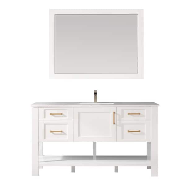 ROSWELL Grayson 60 in. Bath Vanity in White with Manufactured Stone Vanity Top in White with White Basins and Mirror