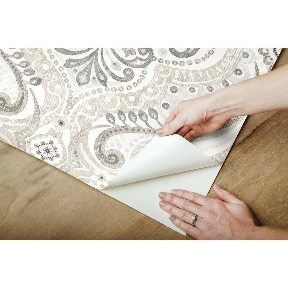 Taupe and Gray Damask Peel and Stick Wallpaper Roll