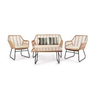 Molly 4-Piece Wicker Outdoor Patio Conversation Seating Set with Removeable White Cushions