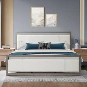 Aurora King Size Upholstered Boucle Platform Bed with Headboard, Wood Frame, Ivory Plus Grey