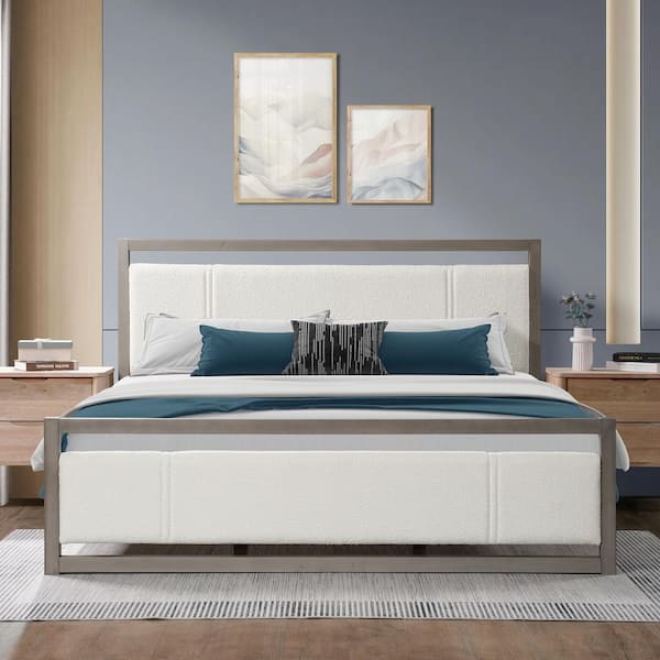 CHRISTOPHER KNIGHT HOME Aurora King Size Upholstered Boucle Platform Bed with Headboard, Wood Frame, Ivory Plus Grey