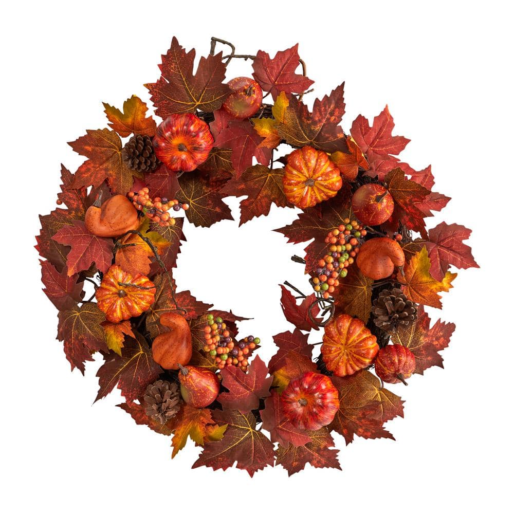 24 in. Orange Autumn Maple Leaves, Pumpkin, Pinecone and Berries Artificial Fall Wreath price history on PriceWatchPro
