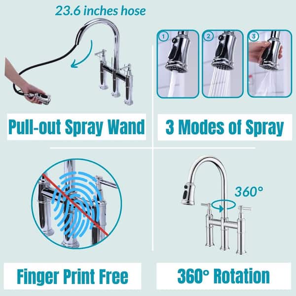 Double-Handle Pull Down Sprayer Kitchen Faucet with 3 Modes Spray, Pull Out Spray Wand in Chrome