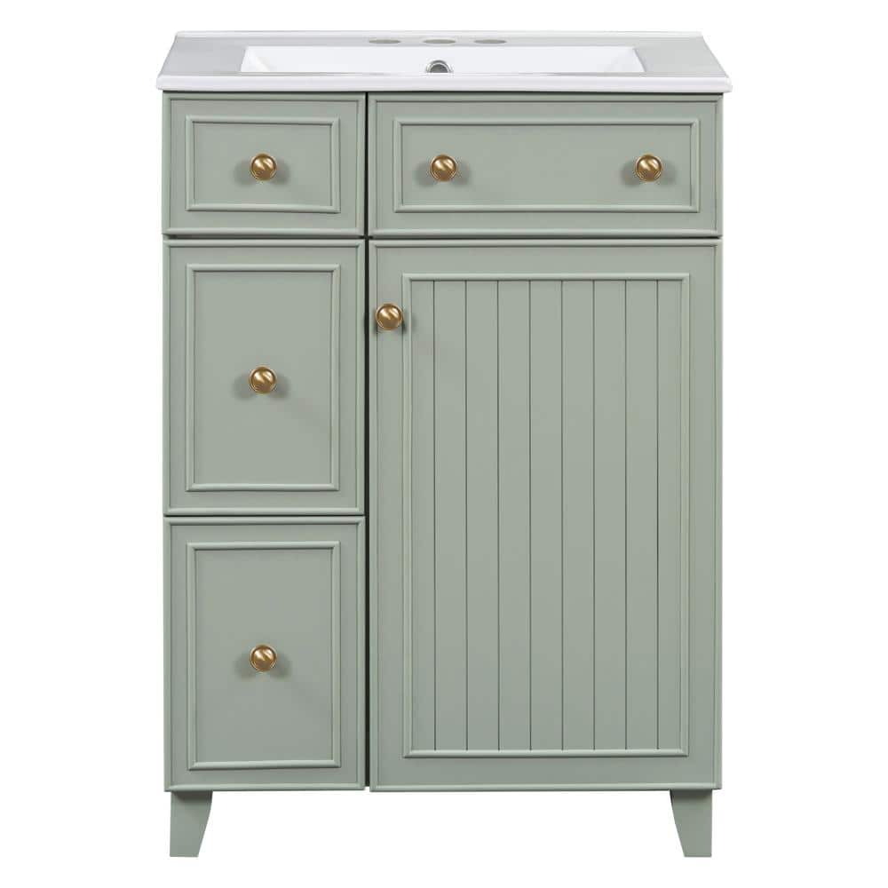 24 in. Single Sink Freestanding Green Bath Vanity with White Ceramic Sink, 2 Sliding Drawers, 1 Soft-Close Door price history on PriceWatchPro