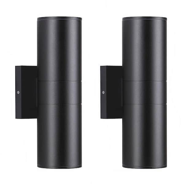 HKMGT Aluminum 12- Watt Equivalent Integrated LED Black Cylinder Wall Sconce Indoor/Outdoor Wall Pack Light, 2700K (2-Pack)