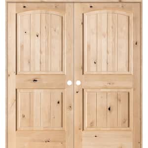 56 in. x 80 in. Rustic Knotty Alder 2-Panel Arch Top VG Both Active Solid Core Wood Double Prehung Interior French Door